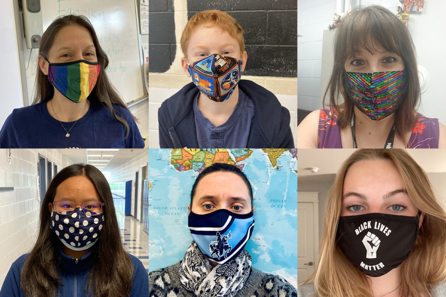 Students and teachers use masks to express themselves. Clockwise from top left: Ms. Haley's favorite mask is her LGBTQ+ Pride flag. Henry shows off his Star Wars stan with a home made mask. Ms. Barry is all about the bling. Momo layers up with cute polkadots over a standard surgical mask. Ms. U'Halie likes to show school spirit with her mask.
