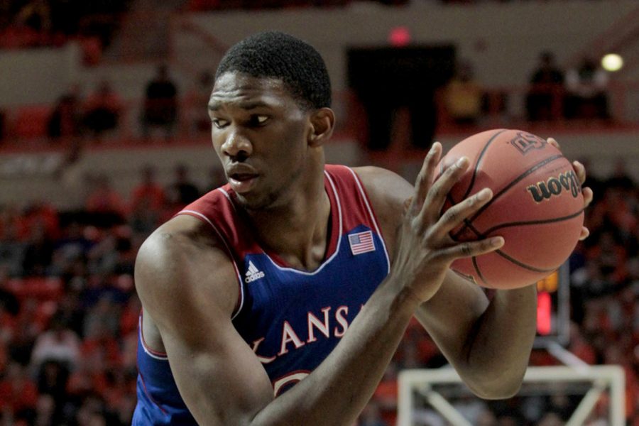 Kansas freshman center Joel Embiid prepares to shoot a layup in the second half of Saturday's game. Embiid scored 13 points, had 13 rebounds, and had 3 steals, but only made 1 block.