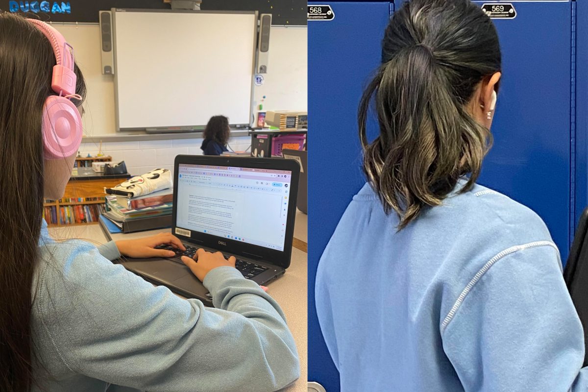 Because earbuds are so much smaller than headphones, students using devices during class or in the halls can often go unnoticed. (Photos by Anne -Sophie L. and Maggie B.)
